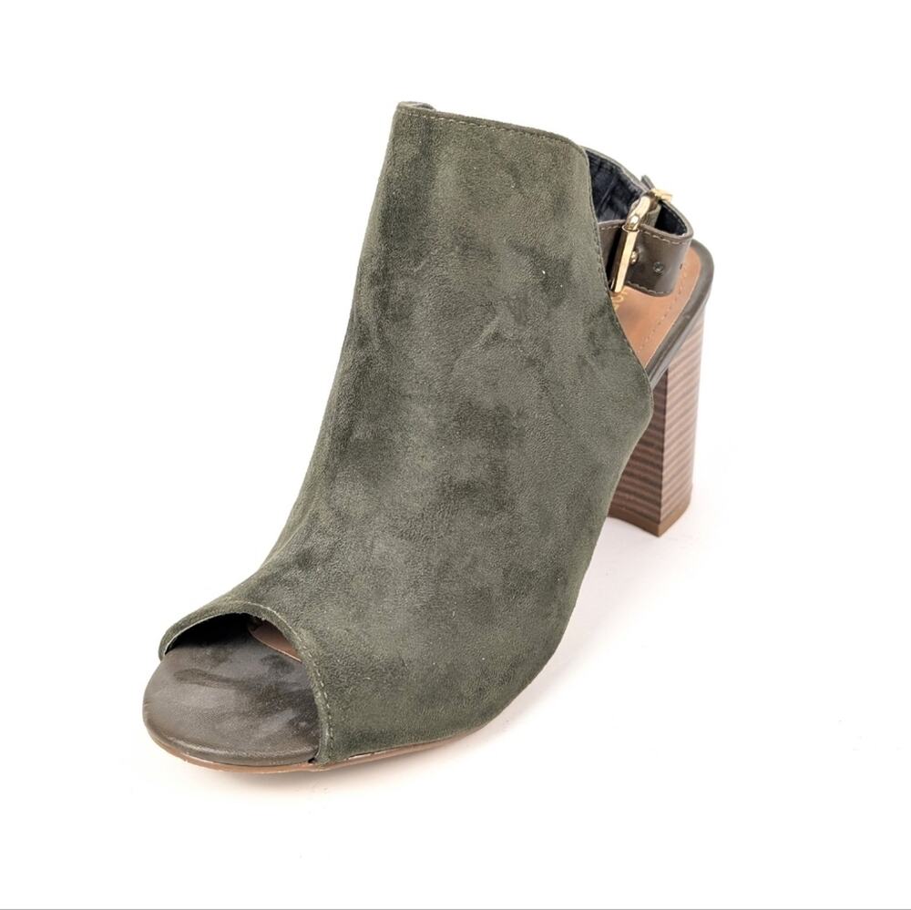 Shoe Republic LA Olive Green Suede Peep Toe Open Back Stacked Heel Bootie Size 7